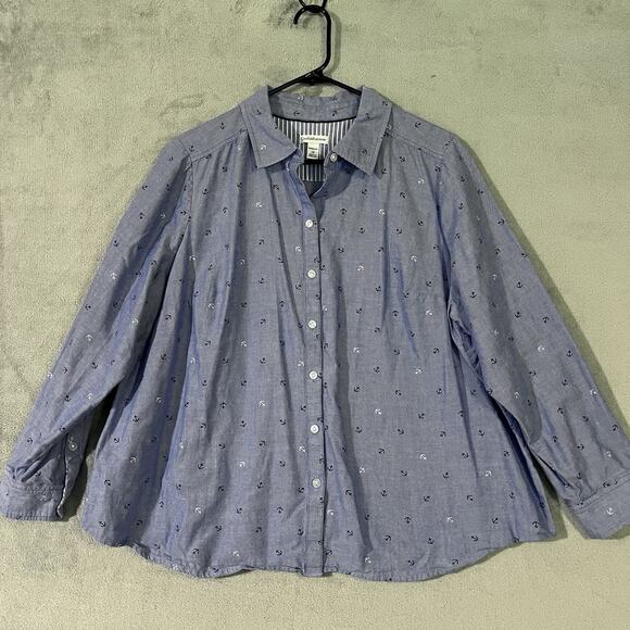 Croft Barrow Button Up Shirt Blue Womens 1X Plus Long Sleeve Preppy Nautical - Picture 3 of 9